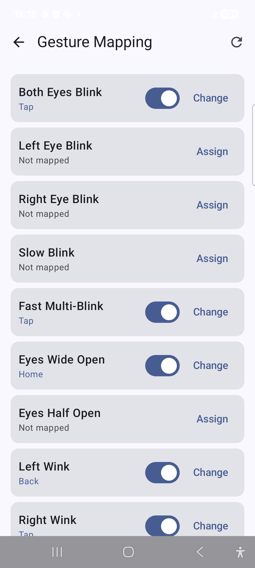 EyeControl gesture mapping list with blink, wink and gaze gestures assigned to actions